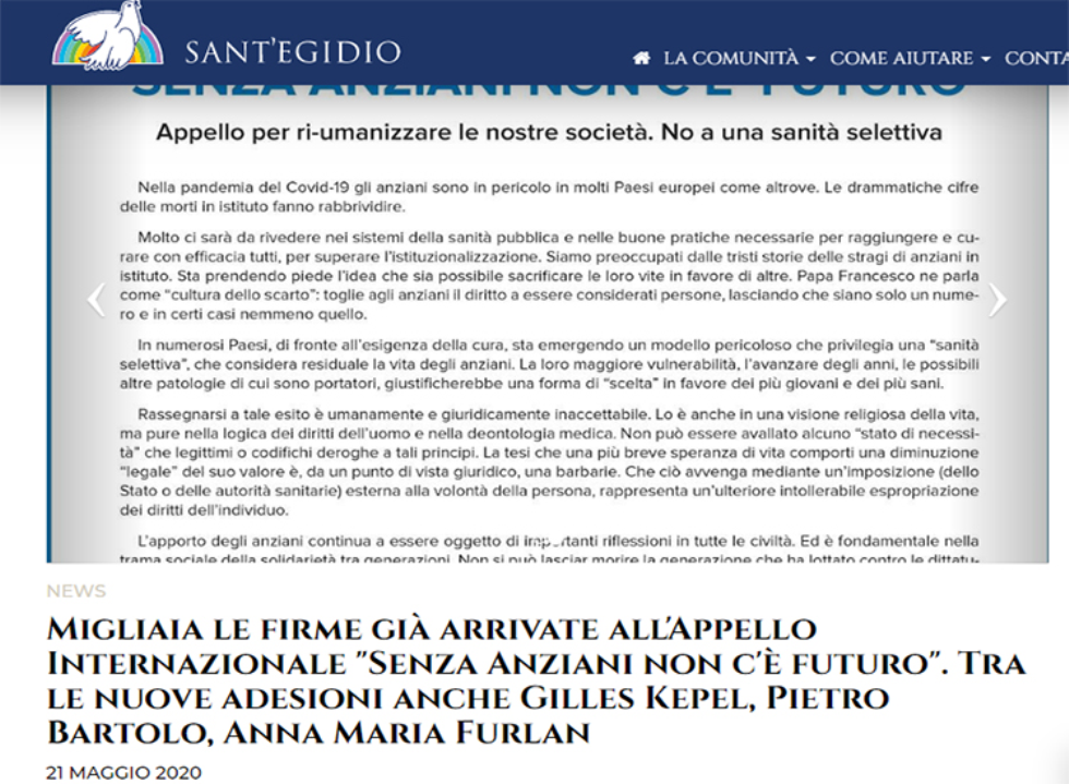 Salviamo i nostri anziani: Fnp Cisl e Cisl firmano l’appello della Comunità di Sant’Egidio