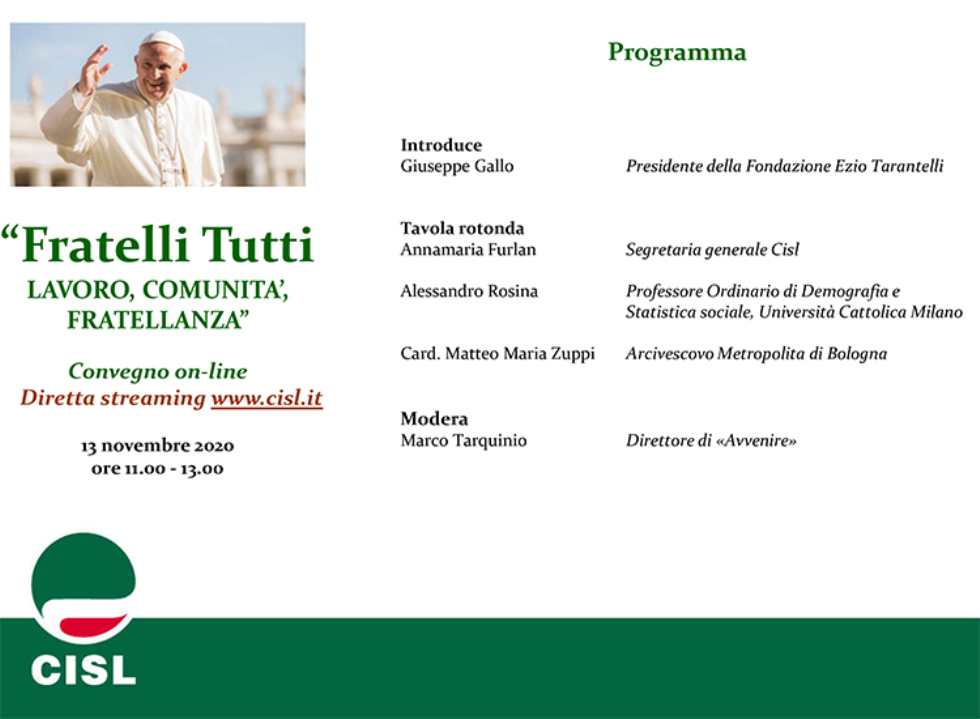 “Fratelli Tutti. Lavoro, Comunità, Fratellanza”: on line il 13 novembre 