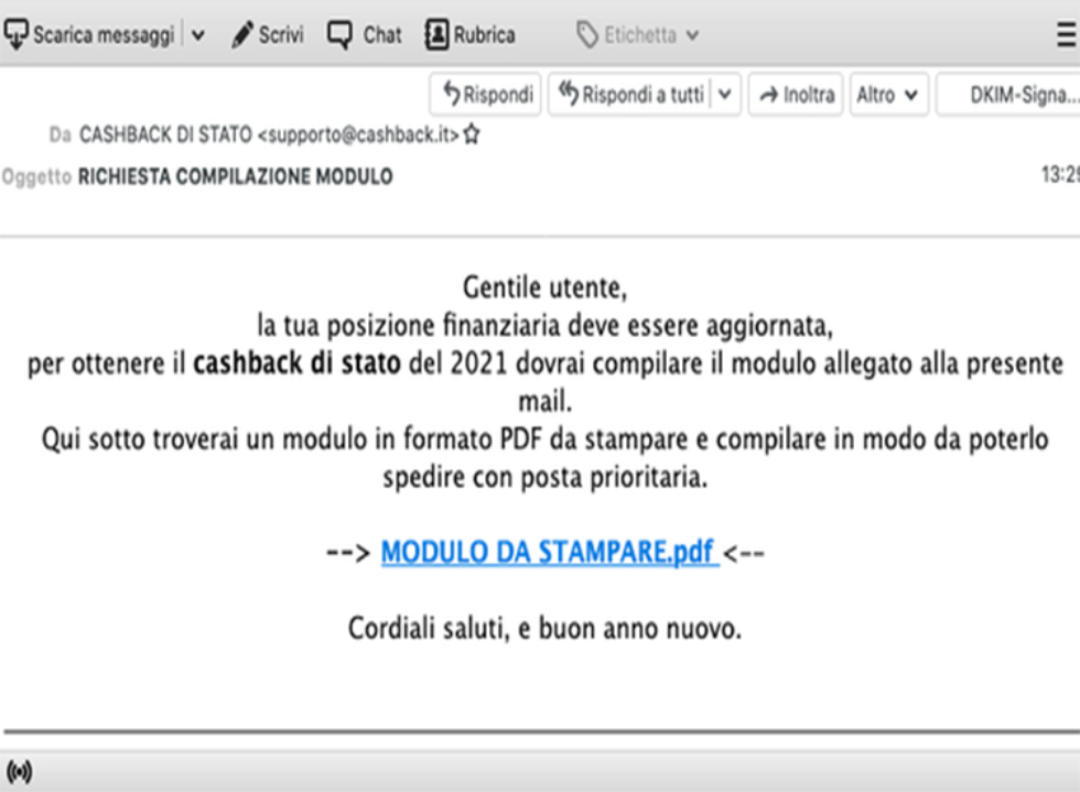 Truffa cashback: non scaricare mail con moduli pdf da compilare