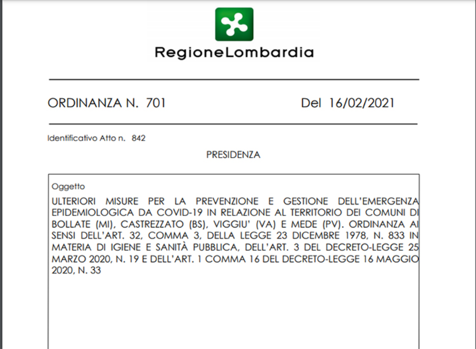 Covid Lombardia: 4 comuni in zona rossa da mercoledì 17 al 24 febbraio 