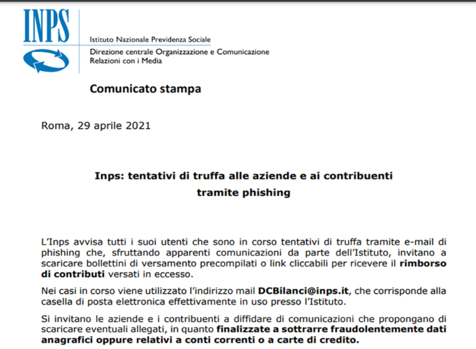 Nuovo attacco di phishing con finto messaggio Inps. Non cliccare sull’allegato 
