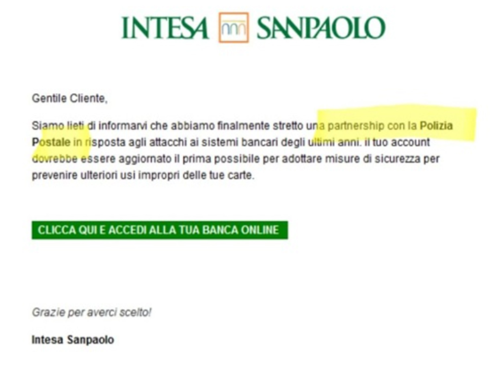 Nuovo attacco di phishing con falso messaggio di Banca Intesa Sanpaolo