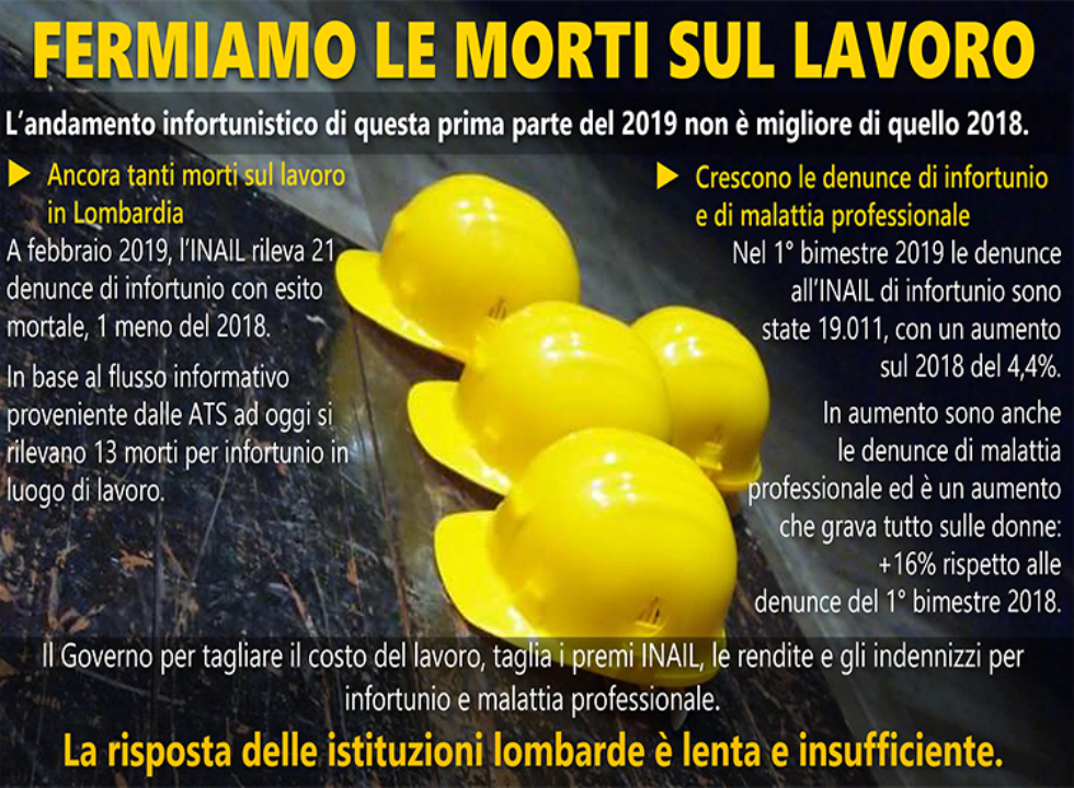 17 aprile presidio in Regione contro gli infortuni sul lavoro